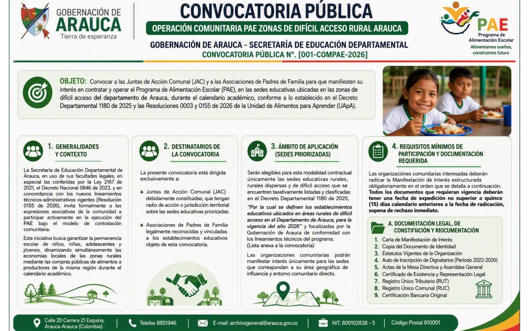 Convocatoria Pública – Operación Comunitaria PAE Zonas de Dificil Acceso Rural Arauca